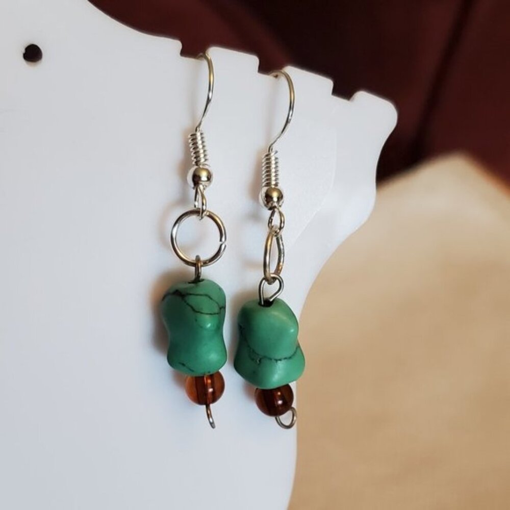 Silver Tone Crushed Turquoise Dangle Hook Earrings